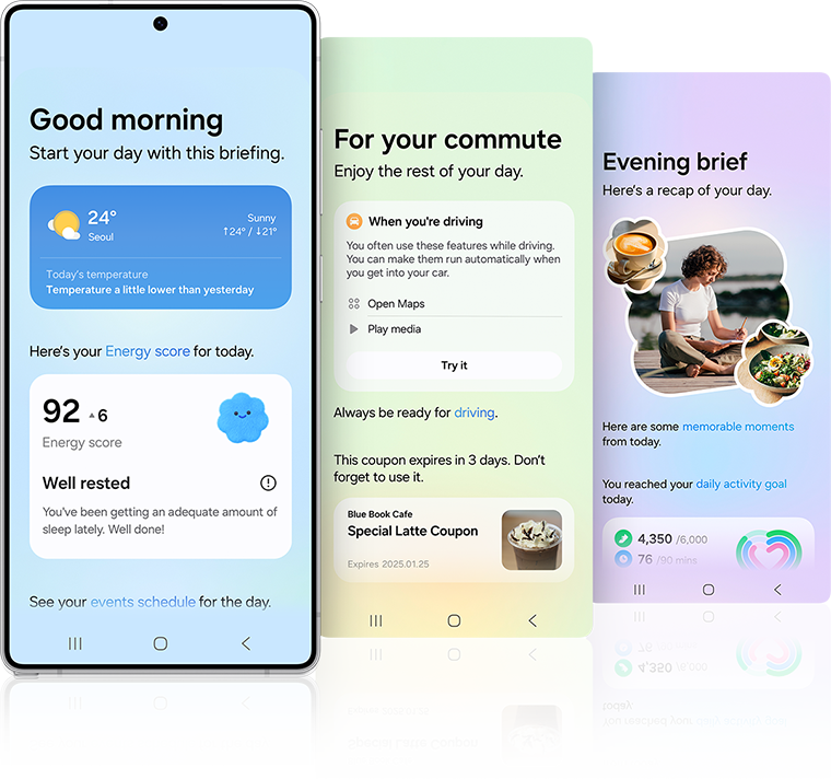 Samsung Galaxy S25 Ultra phone showing the Now Bar along the bottom of the phone and three different Now Brief UI screens that summarize personalized information for the user's morning, commute and evening.
