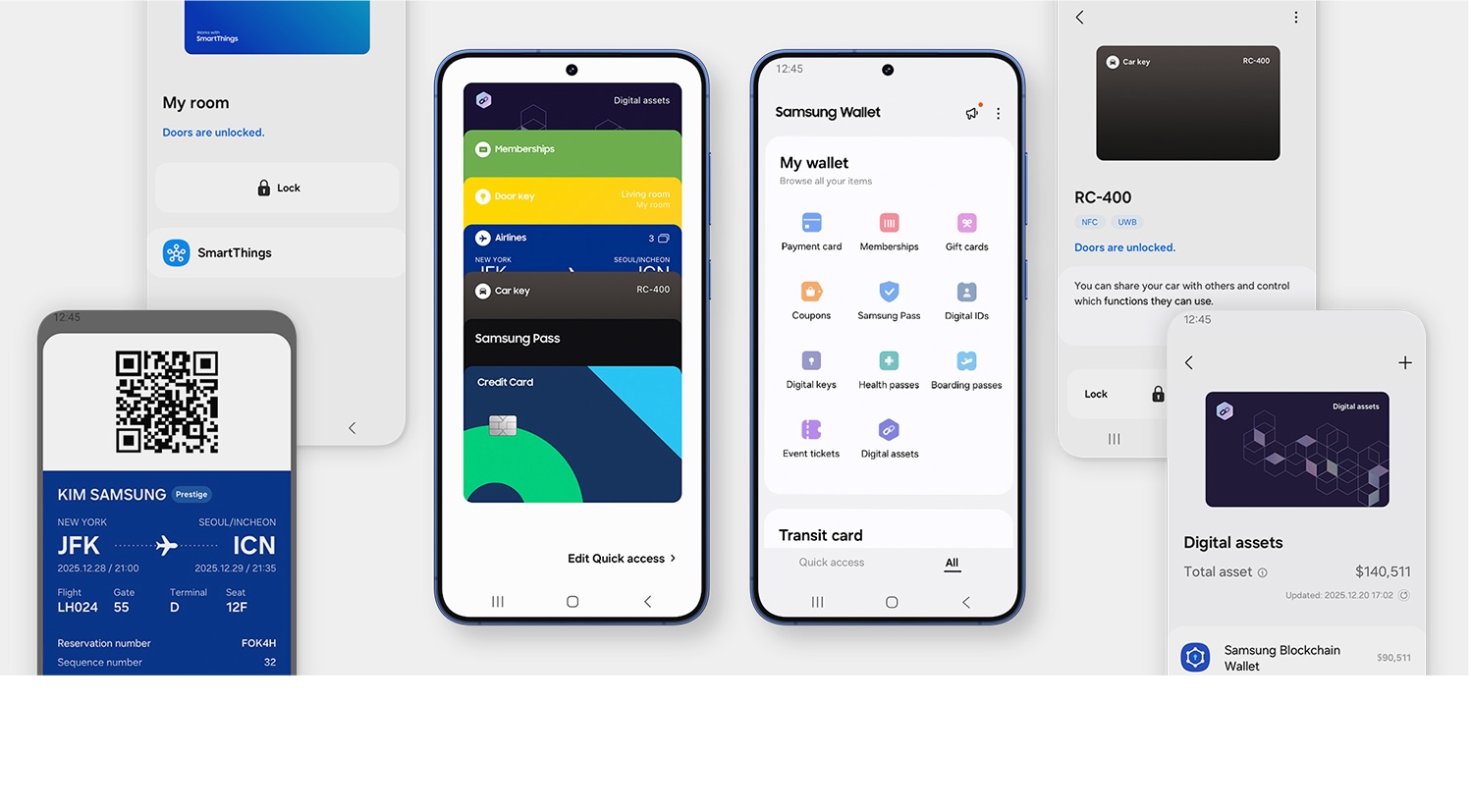Samsung Galaxy S25 Ultra phone and multiple screens showcasing that Samsung Galaxy devices can hold your boarding passes, payment cards and keep you connected to your SmartThings compatible devices.