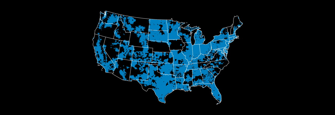 Map comparing 5G coverage across the United States for T-Mobile, AT&T, and Verizon. T-Mobile’s 5G coverage is larger than AT&T and Verizon. T-Mobile shows widespread magenta-colored coverage across most of the country. AT&T shows less extensive blue coverage. Verizon shows red coverage that is more limited. Map allow users to compare networks side-by-side.